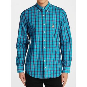 Hollister Mens Size M Blue Teal Black Plaid Button Down Embroidered‎ Logo Casual